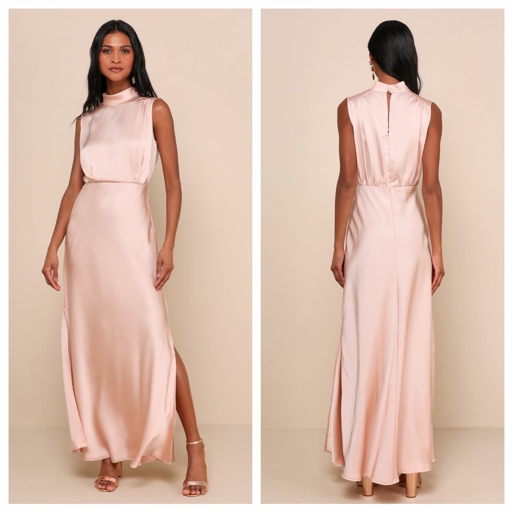 Lulus Classic Elegance Blush Satin Sleeveless Mock Neck
Maxi Dress